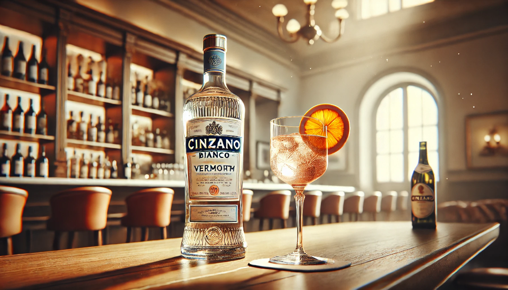 Вермут Cinzano Bianco, поданий у стильному барі з склянкою та цитрусовим декором