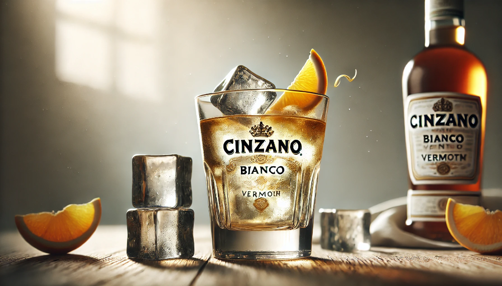 Охолоджений вермут Cinzano Bianco в склянці з льодом і цитрусовим декором на дерев'яній поверхні