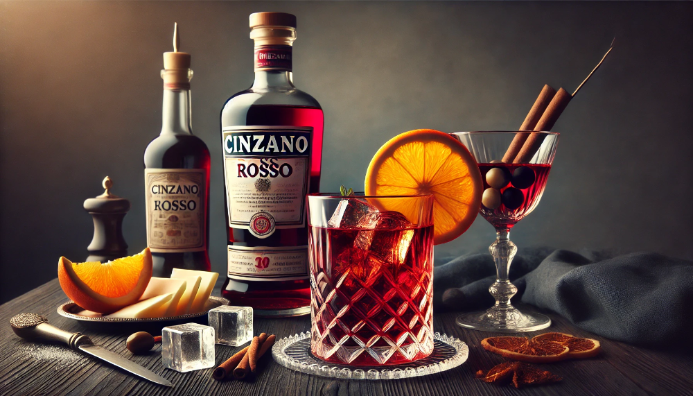 Пляшка Cinzano Rosso з келихом вермуту, спеціями та традиційними закусками на дерев'яному столі