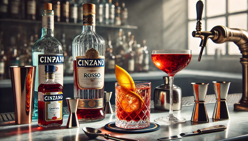 Пляшка Cinzano Rosso в процесі приготування коктейлю Negroni з барними аксесуарами на мармуровій стійці