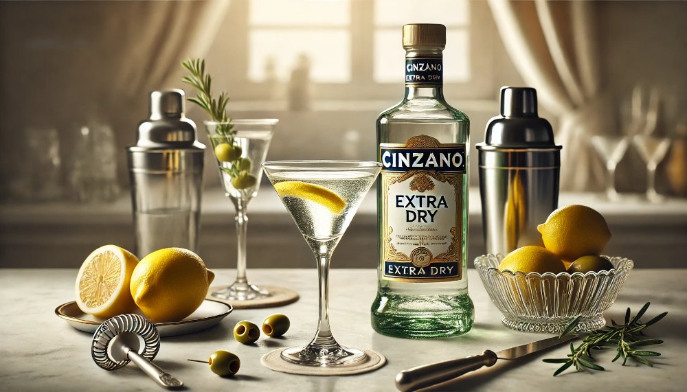 Пляшка Cinzano Extra Dry з келихом мартіні та барними аксесуарами на мармуровій стійці