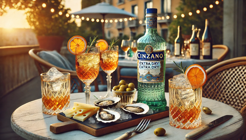 Пляшка Cinzano Extra Dry з келихами та вишуканими закусками в атмосфері літньої тераси