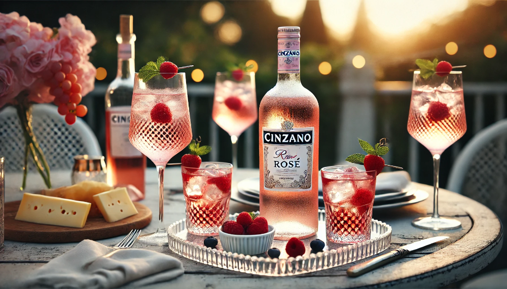 Пляшка Cinzano Rosé з келихами на льоду, прикрашеними ягодами, та легкими закусками на літній терасі