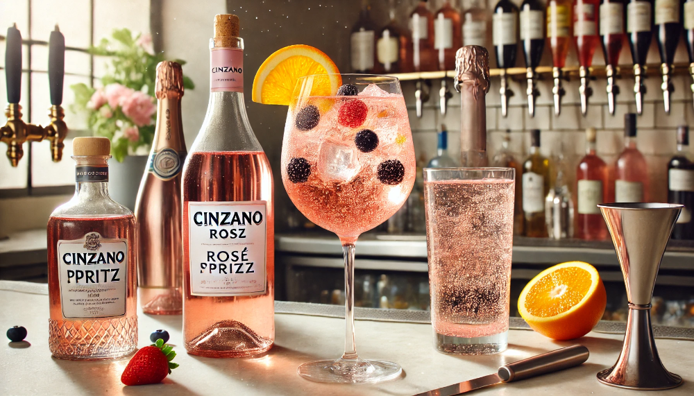 Пляшка Cinzano Rosé та келих з коктейлем Rosé Spritz з фруктовими прикрасами на мармуровій барній стійці