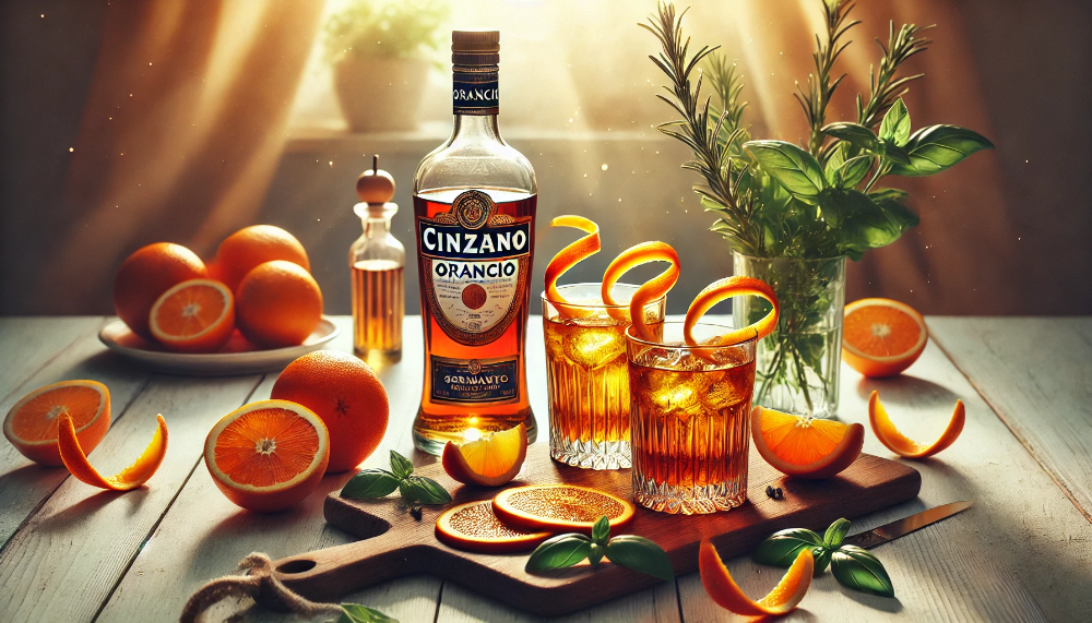 Пляшка Cinzano Orancio з келихами та свіжими апельсинами в літній композиції на дерев'яному столі