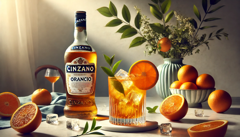 Пляшка Cinzano Orancio з коктейлем Orange Spritz та барними аксесуарами на мармуровій стійці