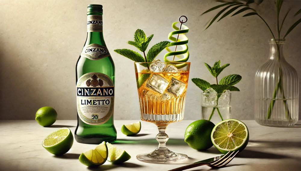 Пляшка Cinzano Limetto з коктейльним келихом, прикрашеним лаймом та м'ятою, в оточенні свіжих цитрусів