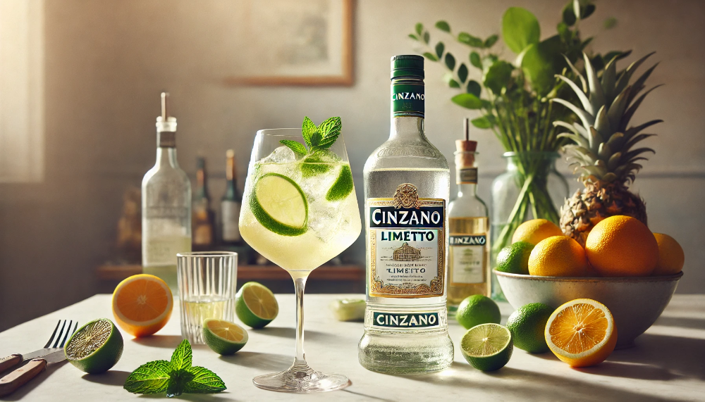 Пляшка Cinzano Limetto та келих з коктейлем Limetto Spritz на професійній барній стійці