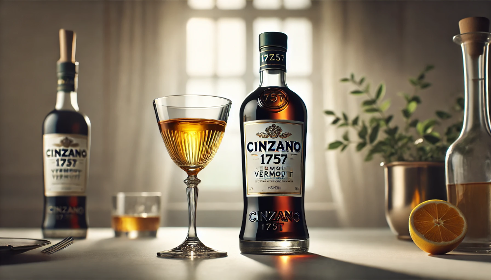 Елегантна обстановка з пляшкою Cinzano 1757 та коктейльним склянкою, наповненою коктейлем на основі вермута, у світлому інтер'єрі