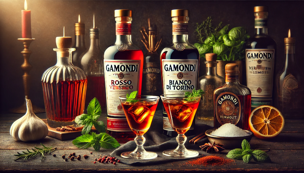 Класична колекція вермутів Gamondi Rosso та Bianco з келихами та спеціями