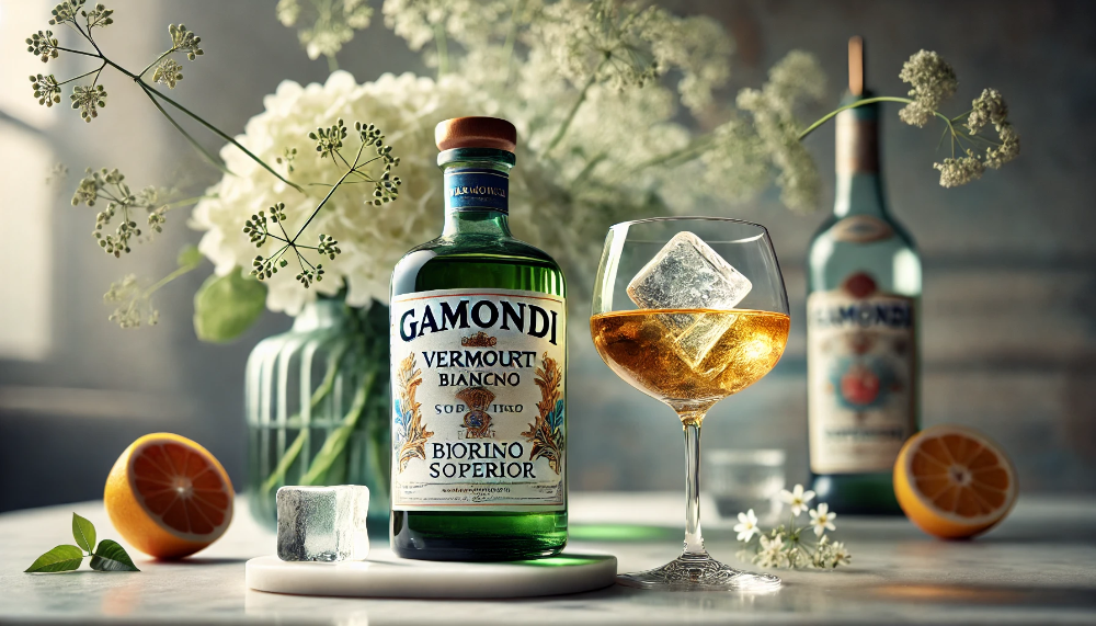 Пляшка Gamondi Vermouth Rosso di Torino з келихом вермуту та традиційними спеціями на темному дерев'яному столі