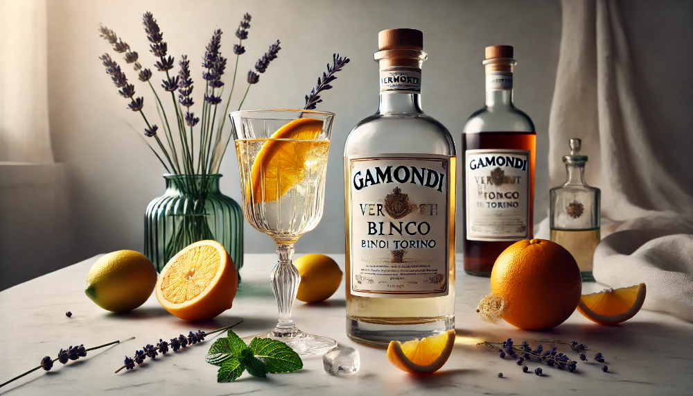 Пляшка Gamondi Vermouth Bianco di Torino з келихом вермуту, свіжими цитрусовими та травами на мармуровій поверхні