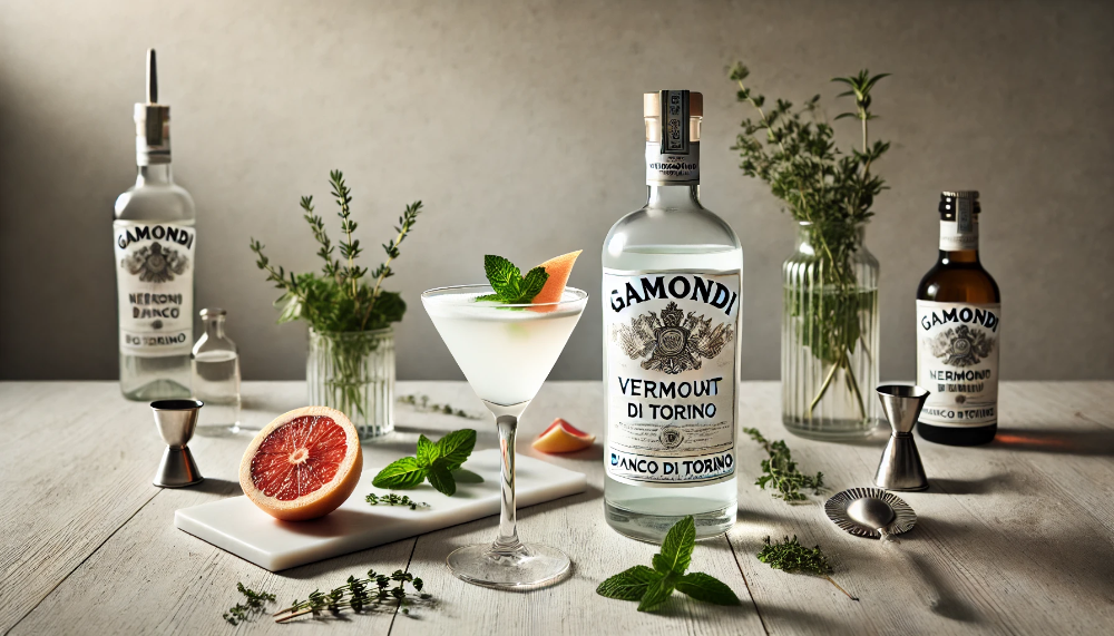 Коктейль White Negroni з Gamondi Vermouth Bianco di Torino та свіжими інгредієнтами на дерев'яній поверхні