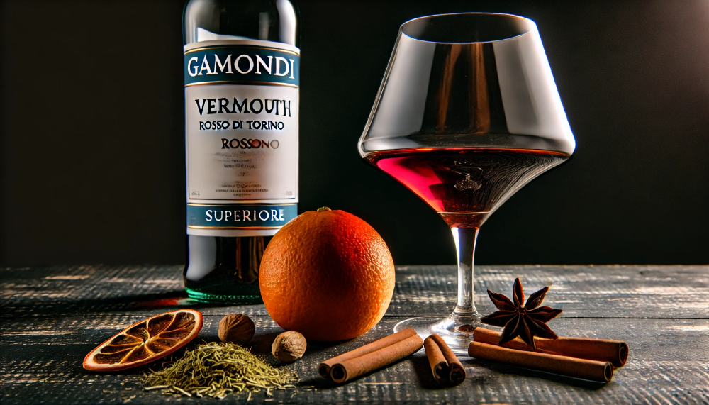 Пляшка преміального Gamondi Vermouth Rosso di Torino Superiore з келихом вермуту та добірними спеціями на темній дерев'яній поверхні