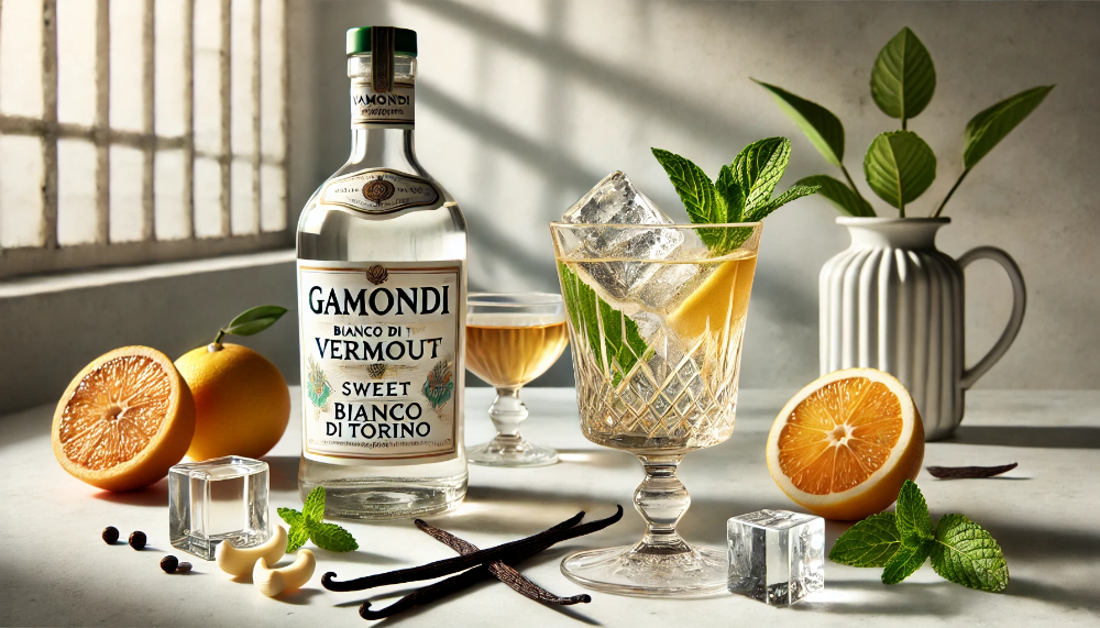 Пляшка Gamondi Vermouth Bianco di Torino Sweet з келихом та свіжими інгредієнтами на світлій мармуровій поверхні