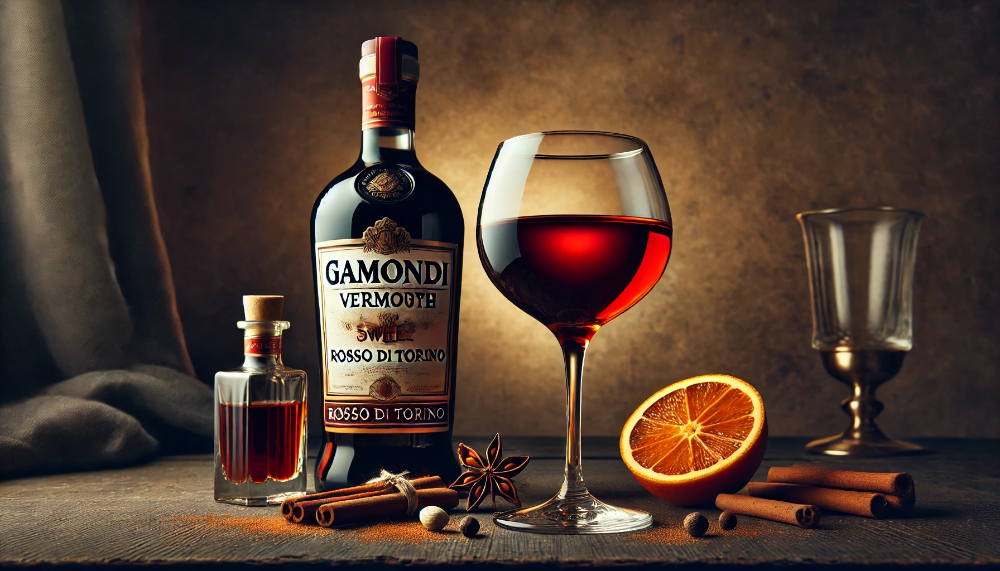 Пляшка Gamondi Vermouth Rosso di Torino Sweet з келихом та спеціями на темній дерев'яній поверхні