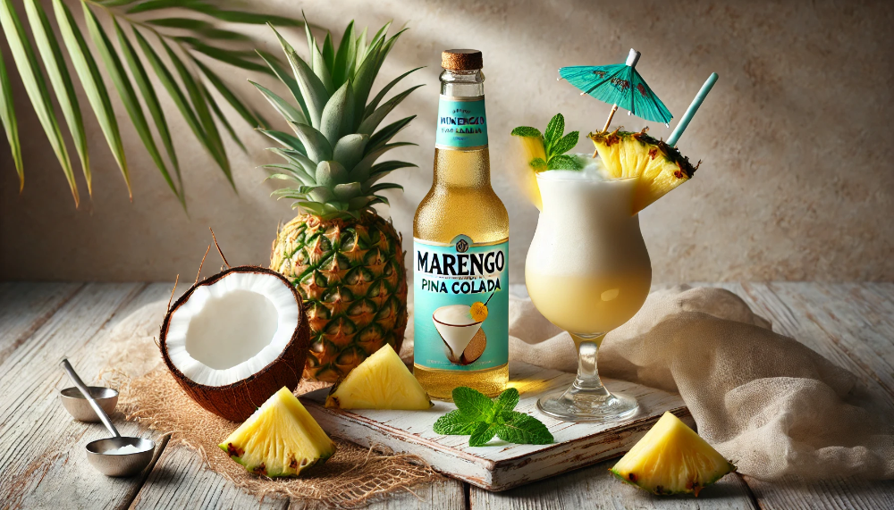 Пляшка вермуту Marengo Pina Colada з келихом напою, прикрашеним свіжим ананасом, в оточенні тропічних фруктів на дерев'яній поверхні