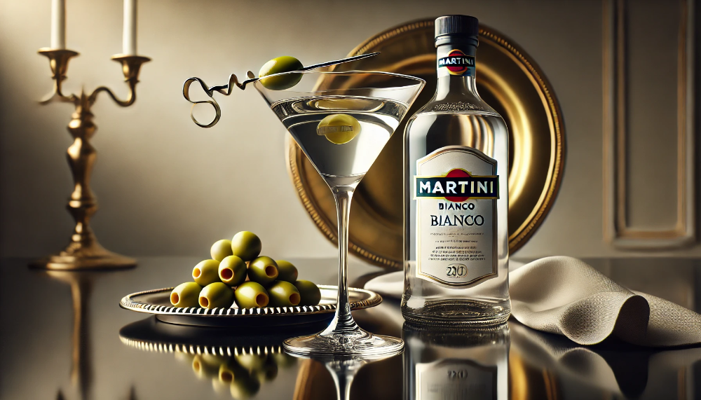 Пляшка Martini Bianco з класичним коктейльним келихом, прикрашеним оливкою, на чорній глянцевій поверхні в оточенні вишуканих деталей