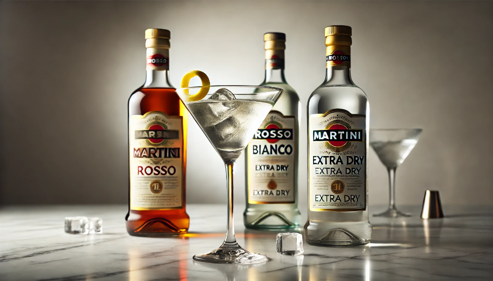 Три класичні пляшки Martini - Rosso, Bianco та Extra Dry, розташовані на мармуровій поверхні поряд з сервірованим келихом вермуту з льодом