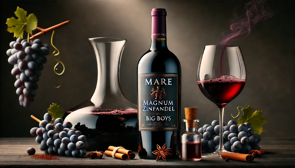 Пляшка Mare Magnum Zinfandel Big Boys з декантером вина, виноградом та спеціями на дерев'яному столі