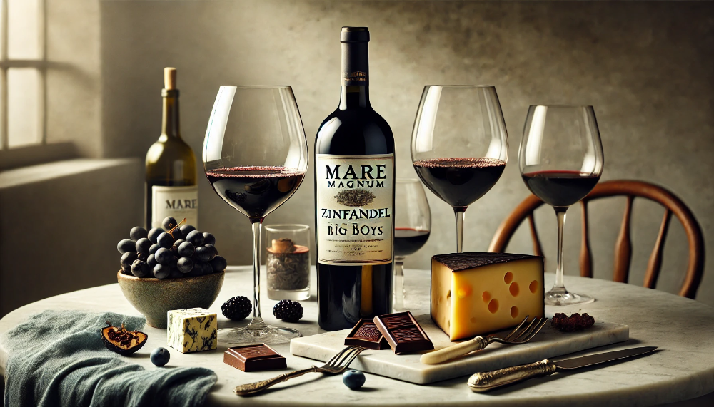 Пляшка Mare Magnum Zinfandel Big Boys з келихами, сиром, шоколадом та ягодами на мармуровому столі