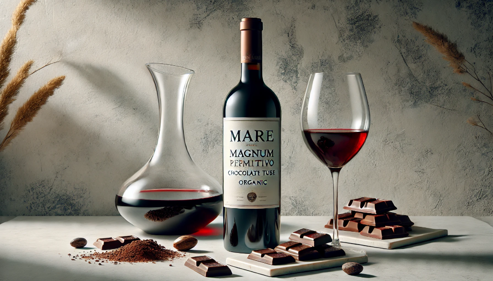 Пляшка Mare Magnum Primitivo Chocolate Tube Organic з декантером вина, какао-бобами та шоколадом на мармуровому столі