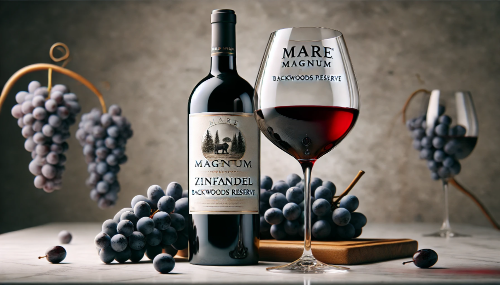 Пляшка Mare Magnum Zinfandel Backwoods Reserve на світлому мармуровому столі поруч з келихом червоного вина та свіжим виноградом