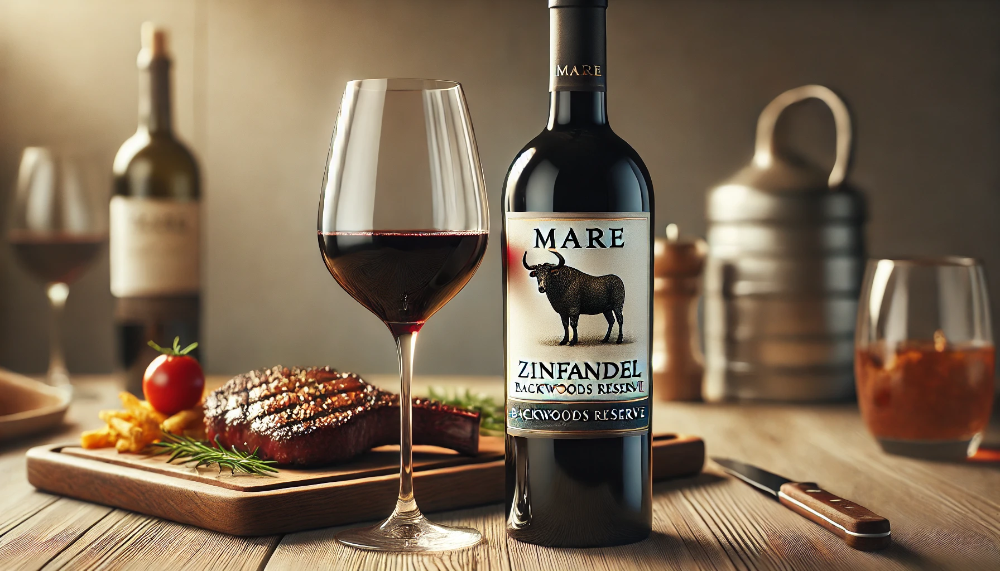 Пляшка Mare Magnum Zinfandel Backwoods Reserve поруч з келихом вина та стейком на грилі на світлому дерев'яному столі