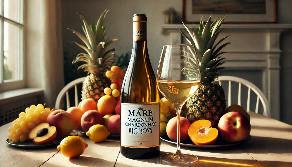 Пляшка Mare Magnum Chardonnay Big Boys з келихом охолодженого вина на світлому столі з фруктовою композицією