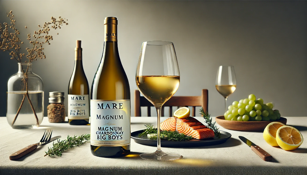 Пляшка Mare Magnum Chardonnay Big Boys з келихом вина та вишуканою стравою з лосося на світлій сервіровці