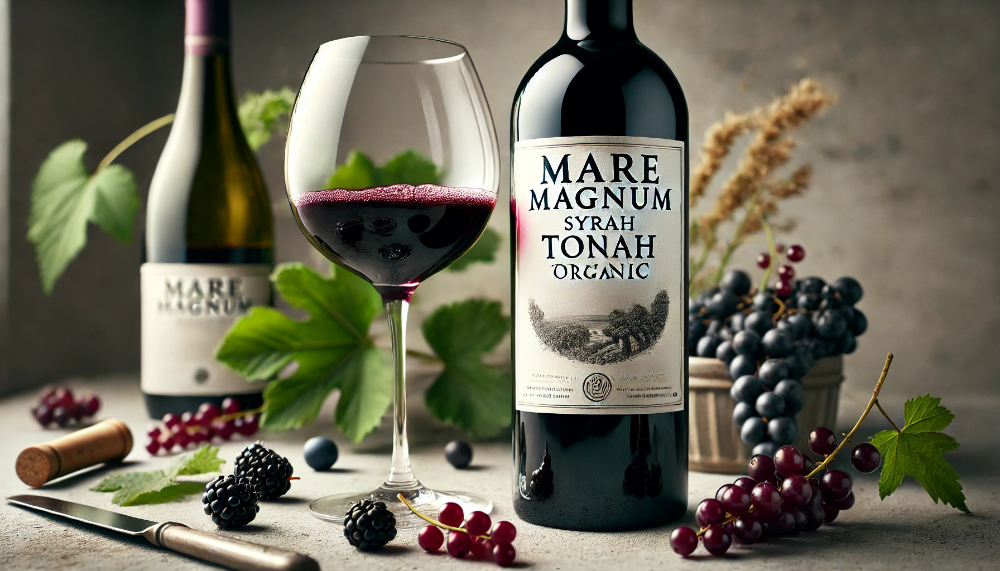 Пляшка Mare Magnum Syrah Tonno Organic з келихом насиченого червоного вина та свіжими чорними ягодами