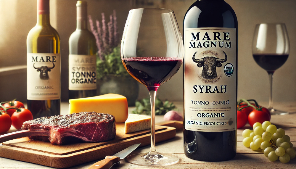 Пляшка Mare Magnum Syrah Tonno Organic з келихом вина поруч зі стейком та стиглими сирами на світлому столі