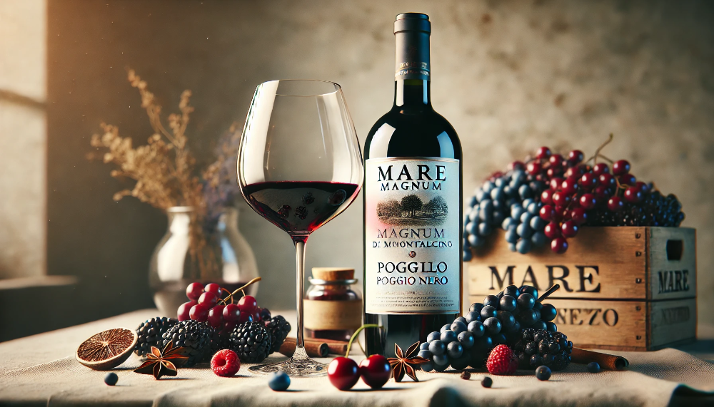 Пляшка Mare Magnum Brunello di Montalcino з келихом вина на фоні тосканського пейзажу