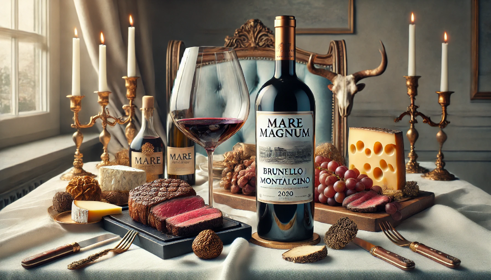 Пляшка Mare Magnum Brunello di Montalcino з келихом та вишуканими стравами на світлій скатертині