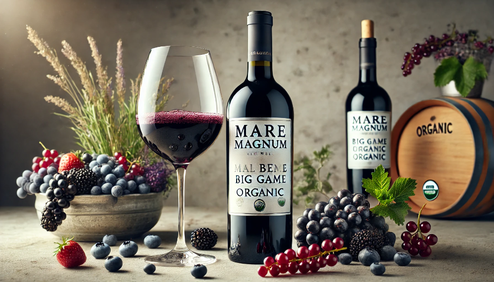 Пляшка Mare Magnum Malbec з келихом насиченого вина та свіжими ягодами на світлому тлі