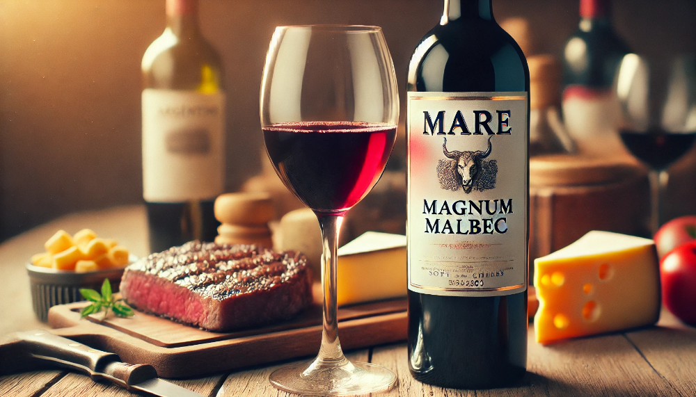 Пляшка Mare Magnum Malbec з келихом вина поруч зі стравами південноамериканської кухні