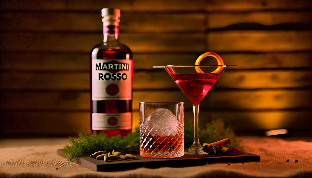 Пляшка Martini Rosso та келих з вермутом, льодом і апельсиновою цедрою на дерев'яній поверхні в оточенні спецій та трав