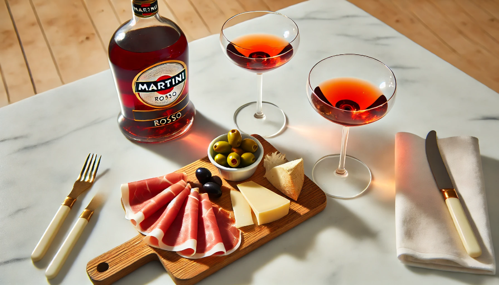 Пляшка Martini Rosso з келихами та асорті закусок: сири, прошуто, оливки та мариновані овочі на мармуровій поверхні