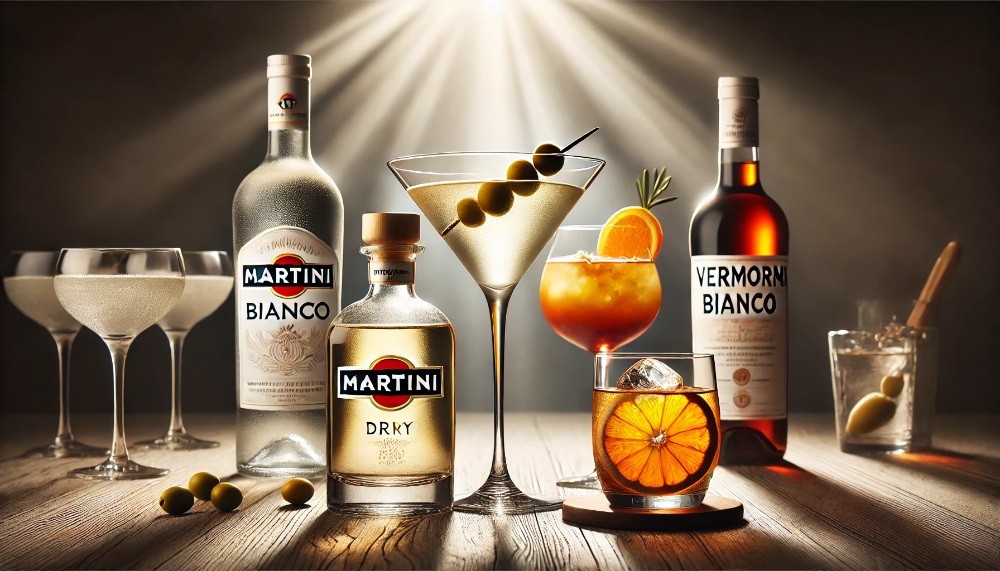 Пляшка Martini Bianco в оточенні трьох класичних коктейлів - Martini Dry, Vermouth Spritz та Negroni Bianco на дерев'яній поверхні