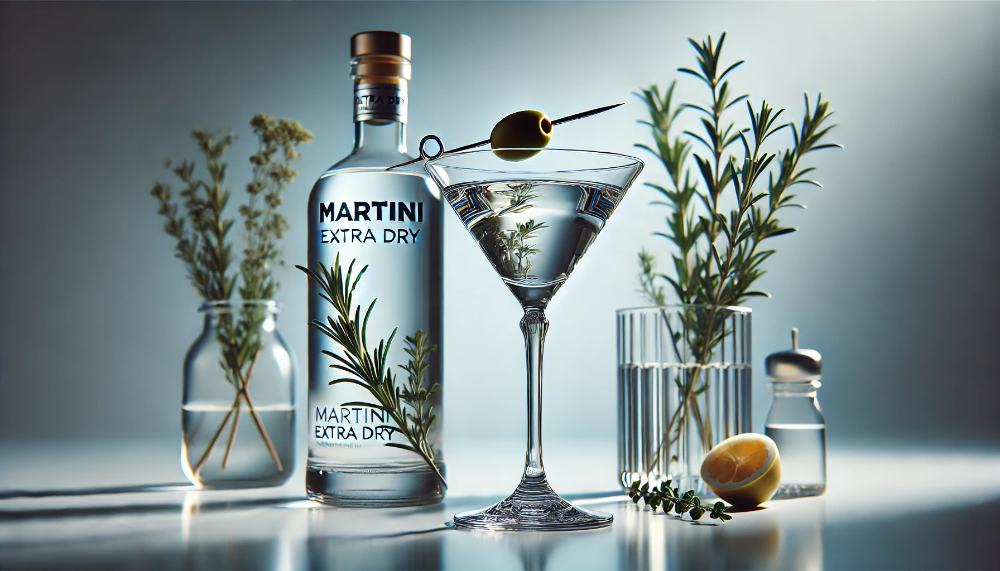 Пляшка Martini Extra Dry з класичним коктейльним келихом, прикрашеним оливкою, в оточенні свіжих трав та цитрусових на білій поверхні