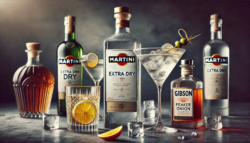 Пляшка Martini Extra Dry в оточенні трьох класичних коктейлів - Dry Martini, Gibson та Negroni на мармуровій поверхні