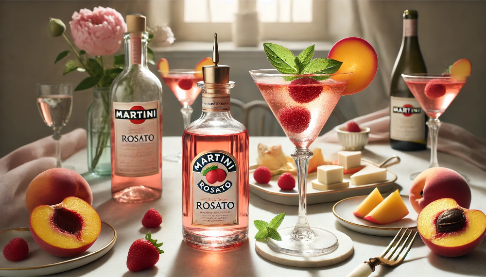 Пляшка Martini Rosato з келихом вермуту, прикрашеним малиною та м'ятою, поруч із тарілкою фруктів та сиру на мармуровій поверхні