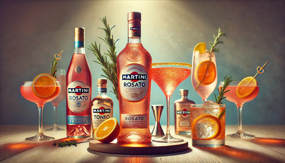 Пляшка Martini Rosato в оточенні трьох коктейлів - Rosato Spritz, Rosato Tonic та Negroni Rosato на дерев'яній поверхні