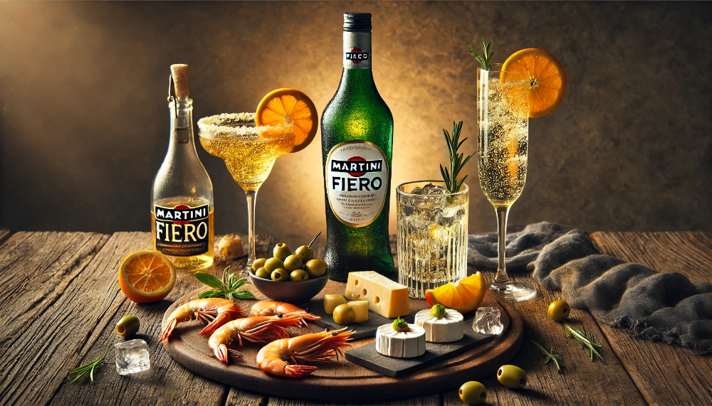 Пляшка Martini Fiero з коктейлями Fiero Tonic та Fiero Spritz, поруч із дошкою морепродуктів, сирів та маринадів