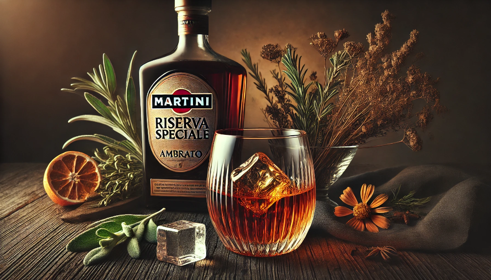 Пляшка Martini Riserva Speciale Ambrato з келихом вермуту на льоду в оточенні ароматичних трав на темній дерев'яній поверхні