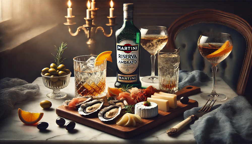 Пляшка Martini Riserva Speciale Ambrato з двома варіантами подачі та добіркою вишуканих закусок на мармуровій поверхні