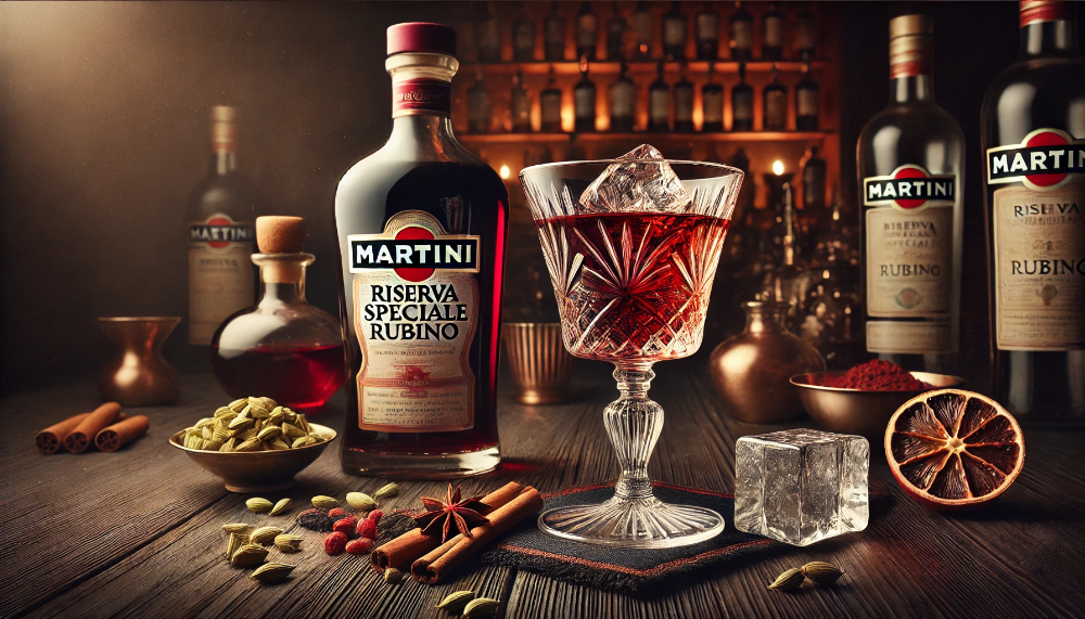 Пляшка Martini Riserva Speciale Rubino з кришталевим бокалом вермуту на льоду в оточенні ароматичних спецій на темній дерев'яній поверхні