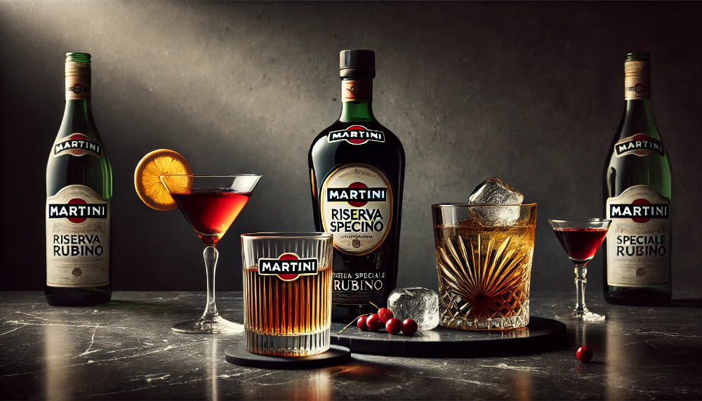 Пляшка Martini Riserva Speciale Rubino з трьома варіантами подачі: чистий вермут, Negroni та авторський коктейль на чорній мармуровій поверхні