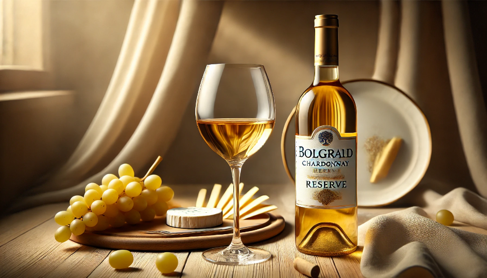 Пляшка Bolgrad Chardonnay Reserve з наповненим келихом білого вина, сиром та виноградом на дерев'яному столі