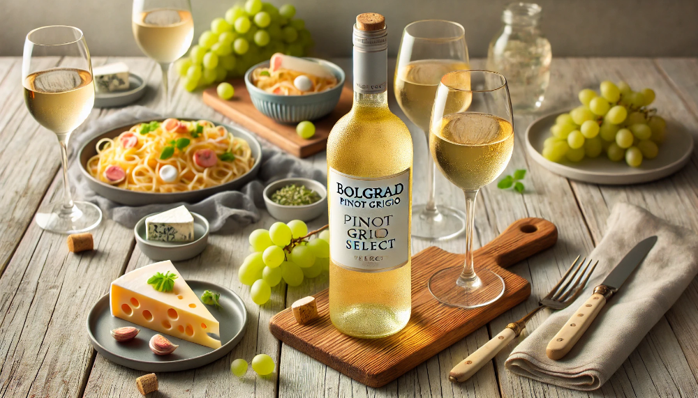 Пляшка Bolgrad Pinot Grigio Select з келихами, сирною тарілкою та пастою на дерев'яному столі